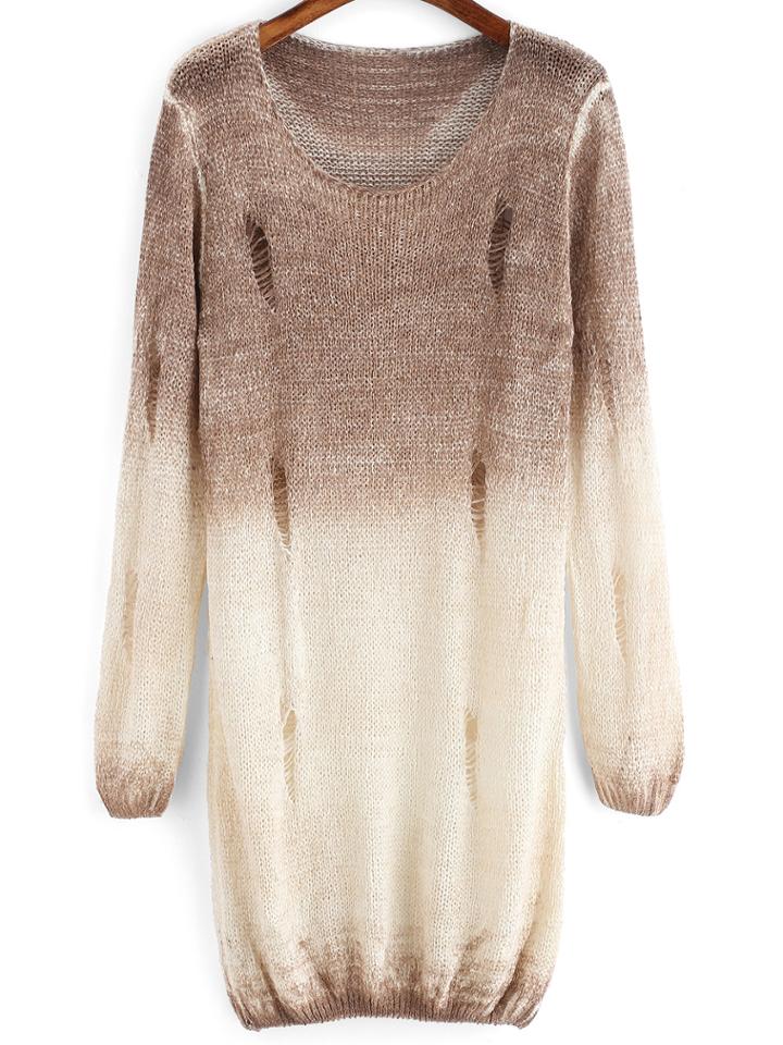 Shein Khaki Ombre Round Neck Hollow Sweater Dress
