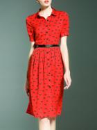 Shein Red Lapel Eye Print Belted A-line Dress