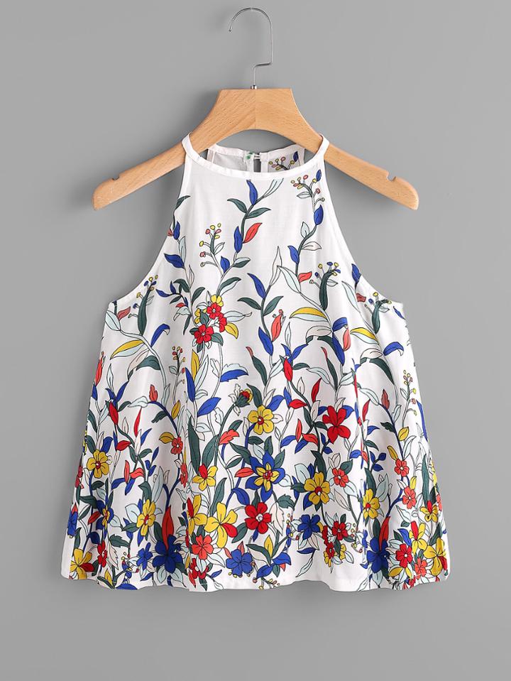 Shein Botanical Print Button Keyhole Back Top