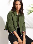 Shein Army Green Turn-down Collar Pompom Trim Jacket