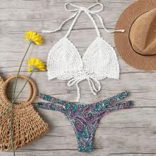 Shein Plus Paisley Print Crochet Bikini Set