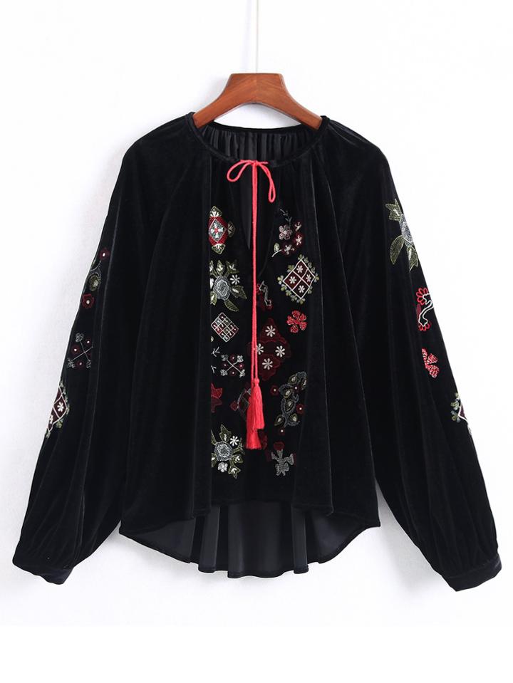 Shein Tassel Tie Dip Hem Velvet Blouse