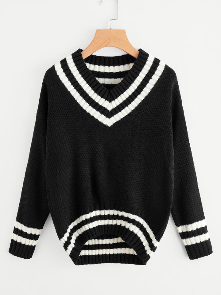 Shein V-neckline Striped Trim Textured Jumper