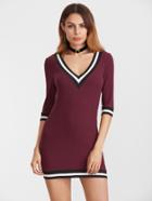 Shein Red Striped Trim Elbow Sleeve Bodycon Dress