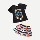 Shein Girls Letter Print Tee With Striped Floral Print Skirt