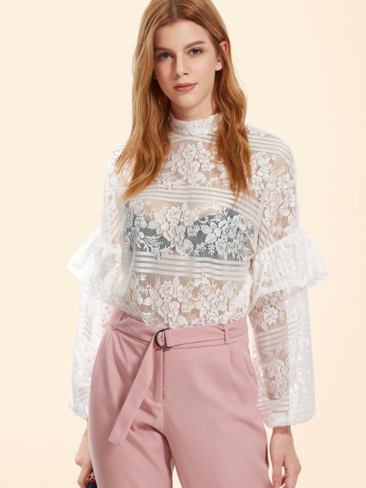Shein High Neck Frill Trim Floral Lace Top