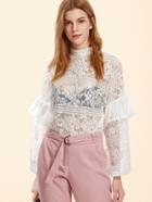 Shein High Neck Frill Trim Floral Lace Top