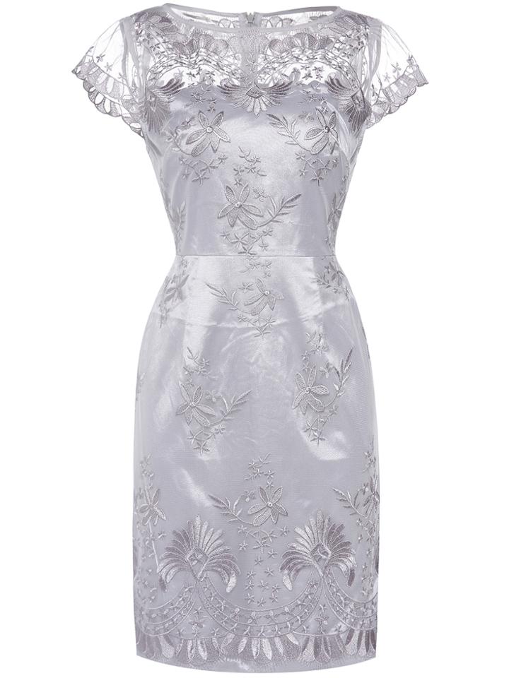 Shein Grey Gauze Embroidered Sheath Dress