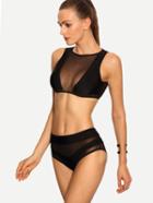 Shein Mesh Insert Sleeveless Rash Guard Swimwear - Black