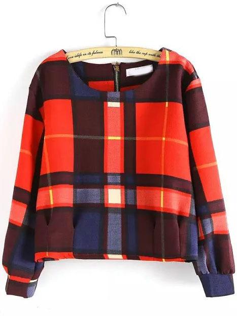 Shein Multicolor Round Neck Plaid Crop Sweatshirt