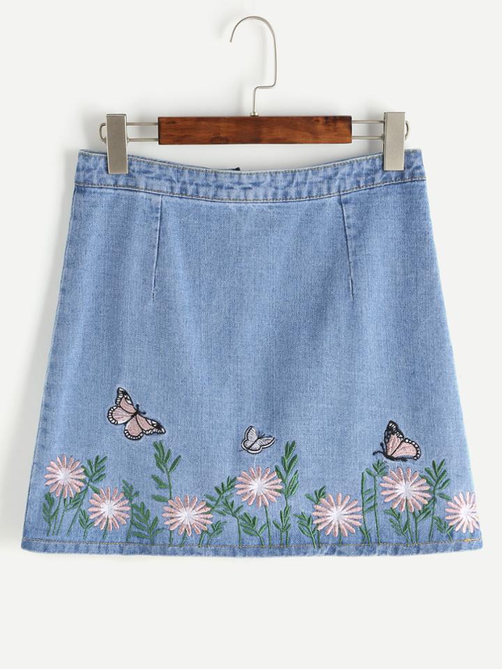 Shein Blue Embroidered Zipper Back Denim Skirt