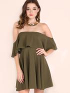 Shein Olive Green Off The Shoulder Skater Dress