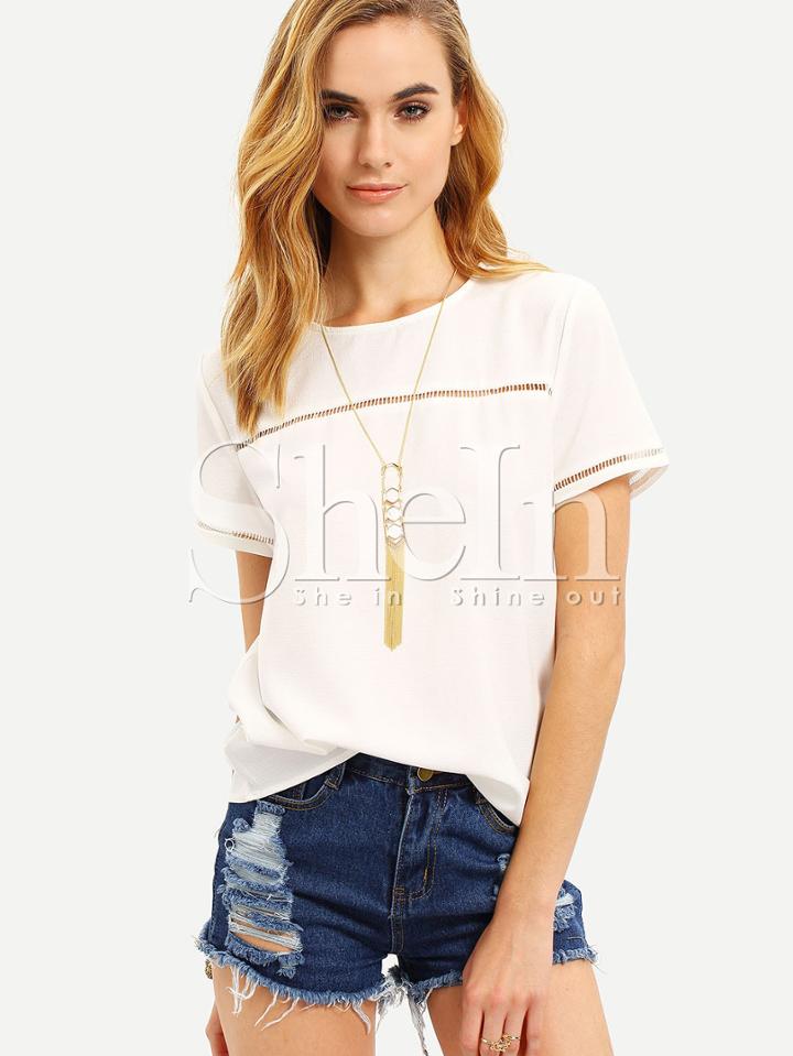 Shein White Round Neck Crochet Insert Blouse