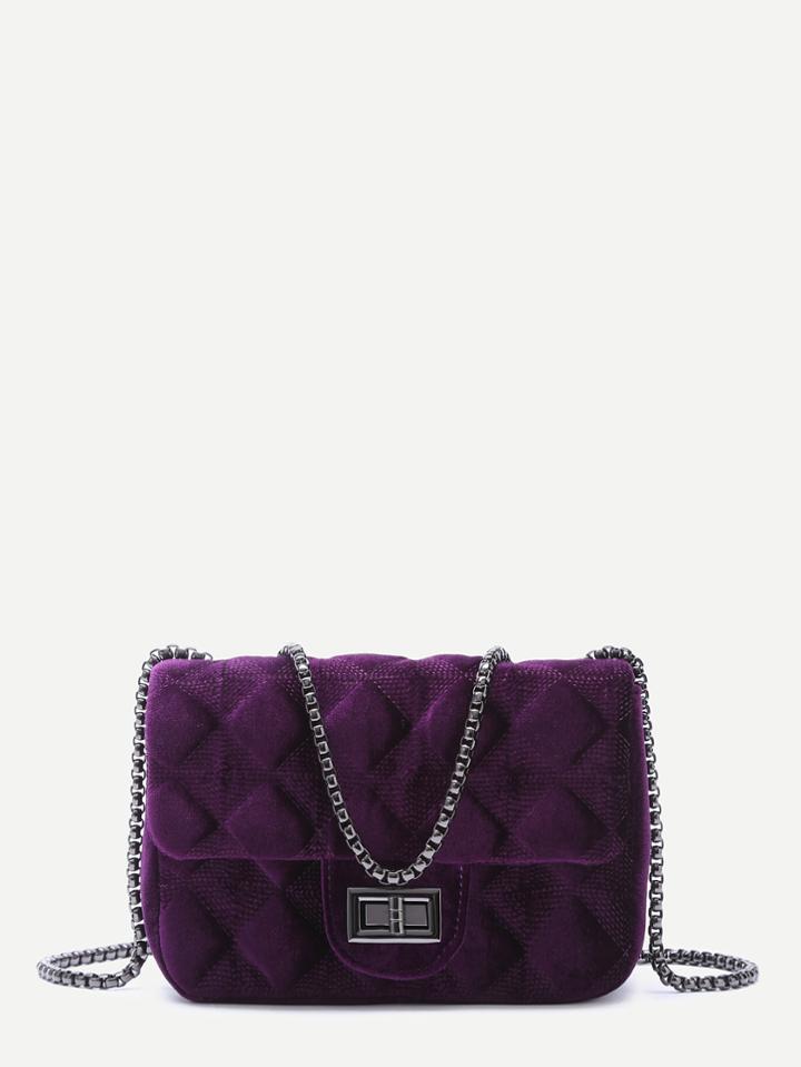 Shein Purple Velvet Meander Pattern Quilted Crossbody With Chain Strap
