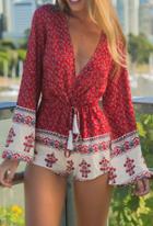 Shein Bell Sleeve Deep V Neck Vintage Print Romper