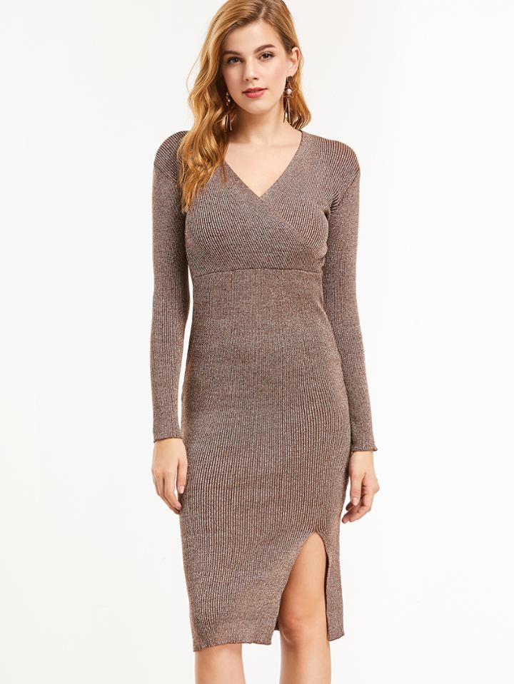 Shein V Neck Slit Side Ribbed Knit Pencil Dress