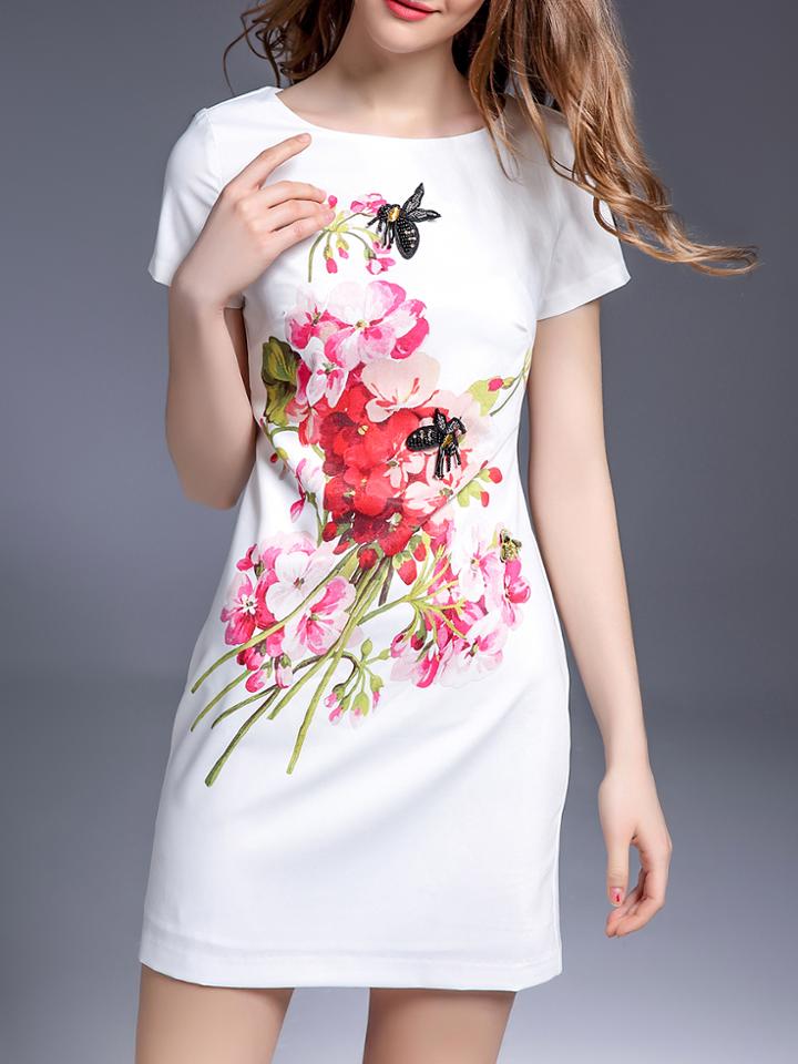 Shein White Bees Beading Print Sheath Dress