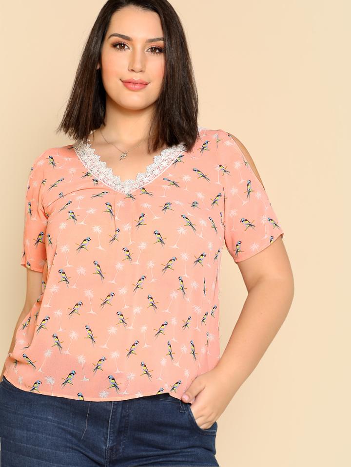 Shein Allover Bird Print Contrast Lace V Neck Blouse