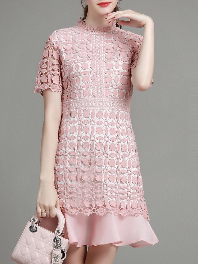 Shein Pink Crochet Hollow Out Ruffle Dress