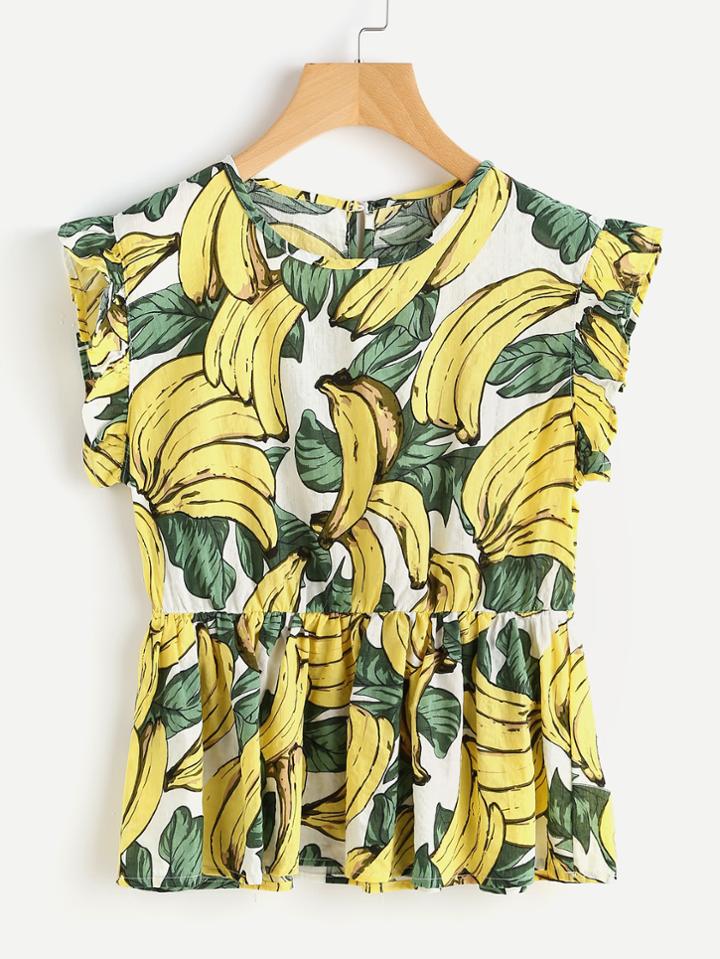 Shein Banana Leaf Print Frill Trim Smock Top