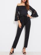 Shein Floral Lace Bell Cuff Self Belted Bardot Jumpsuit