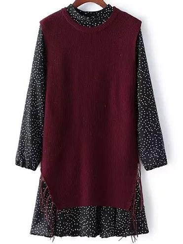Shein Burgundy Black Polka Dot Tassel Two Pieces Dress