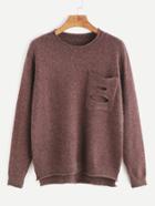 Shein Khaki Ripped Pocket Slit Side High Low Sweater