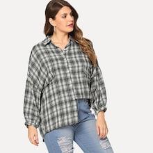 Shein Plus Lantern Sleeve Plaid Blouse