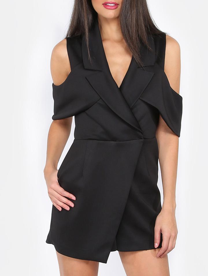 Shein Black Sleeveless Roll-up Collar Jumpsuit