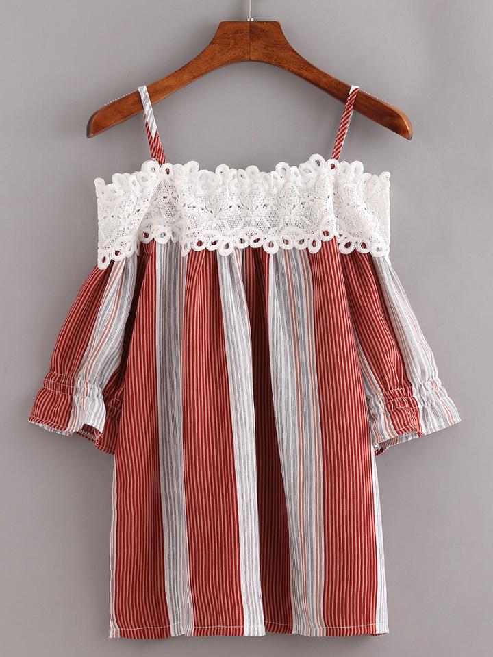 Shein Lace Trimmed Cold Shoulder Vertical Striped Top - Brick Red