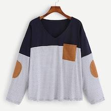 Shein Plus Striped Panel V-neck Tee