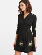 Shein Black Flower Embroidered Patches Skater Dress