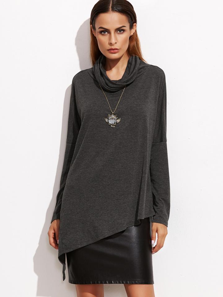 Shein Dark Grey Cowl Neck Drop Shoulder Asymmetric T-shirt