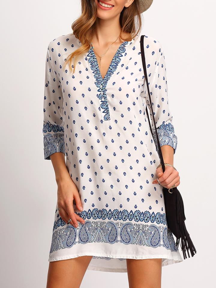 Shein Blue White V Neck Tribal Print Dress