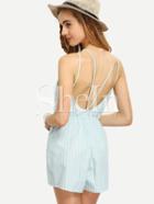 Shein Bule White Vertical Striped Hollow Back Jumpsuit