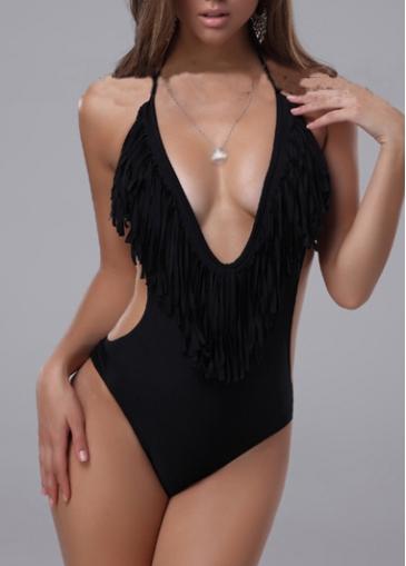 Rosewe Tassels Embellishment Black One Piece Swimwear