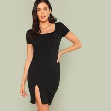 Shein Slit Front Ribbed Knit Dress