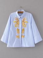 Shein Blue Striped Sequin Embroidered Blouse