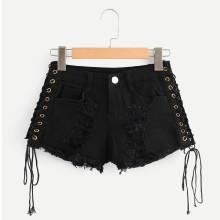 Shein Lace Up Side Ripped Denim Shorts