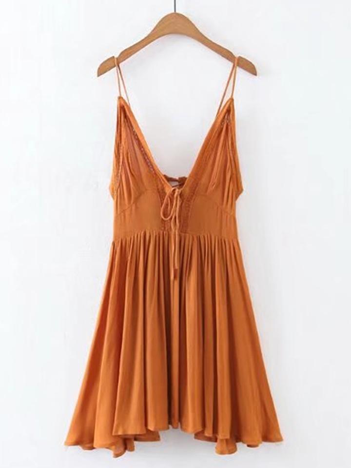 Shein Cami Straps Contrast Lace Pleated Dress