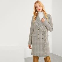 Shein Frill Trim Double Breasted Plaid Longline Coat