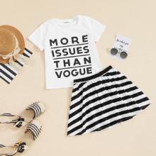 Shein Girls Letter Print Short Sleeve Top & Striped Skirt Set