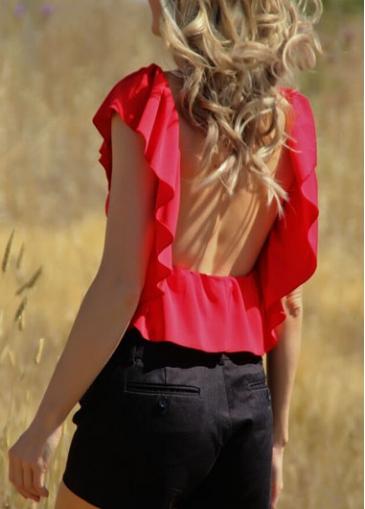 Rosewe Open Back Ruffle Decorated Red T Shirt