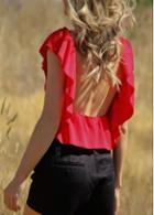 Rosewe Open Back Ruffle Decorated Red T Shirt