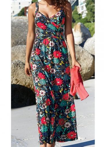 Rosewe Flower Print Sleeveless Open Back Maxi Dress