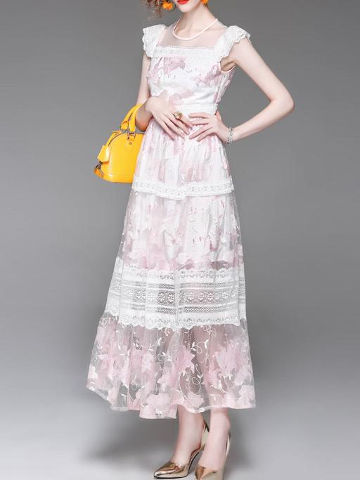 Shein Flowers Embroidered Gauze Sheer Dress