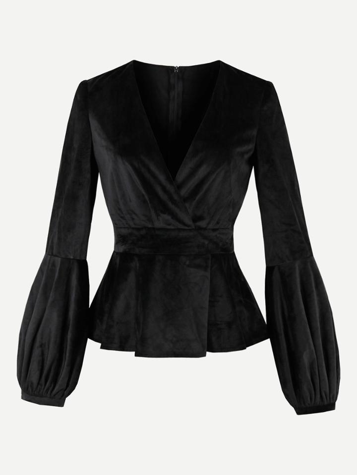 Shein Mesh Insert Surplice Frill Hem Velvet Top