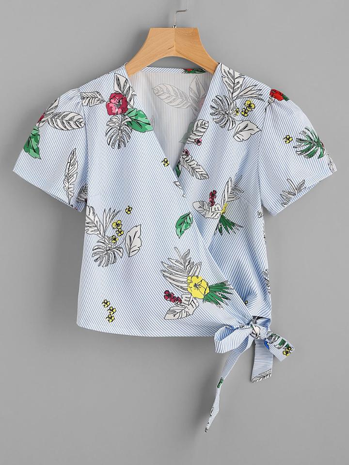 Shein Tropical Print Pinstripe Tie Detail Top