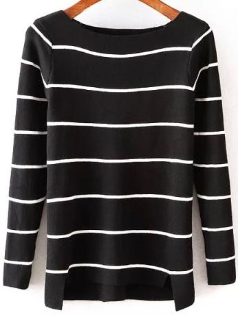 Shein Black Round Neck Striped Slim Knit Sweater