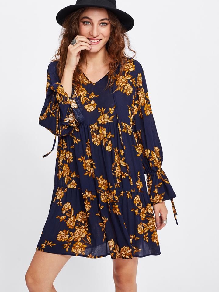Shein Flower Print Ruffle Cuff Dress